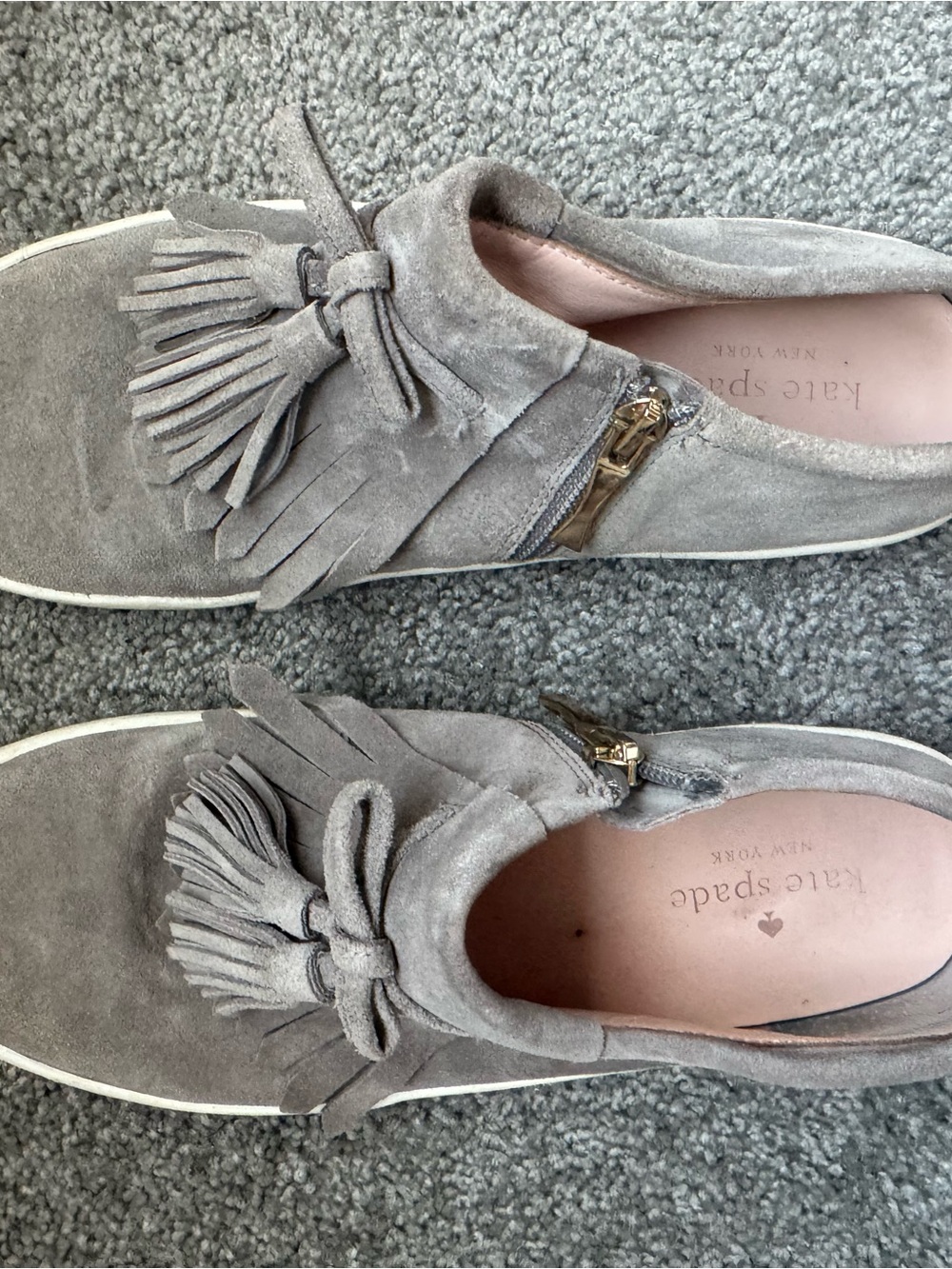 kate spade gray suede tassel slip-on sneakers with gold zipper